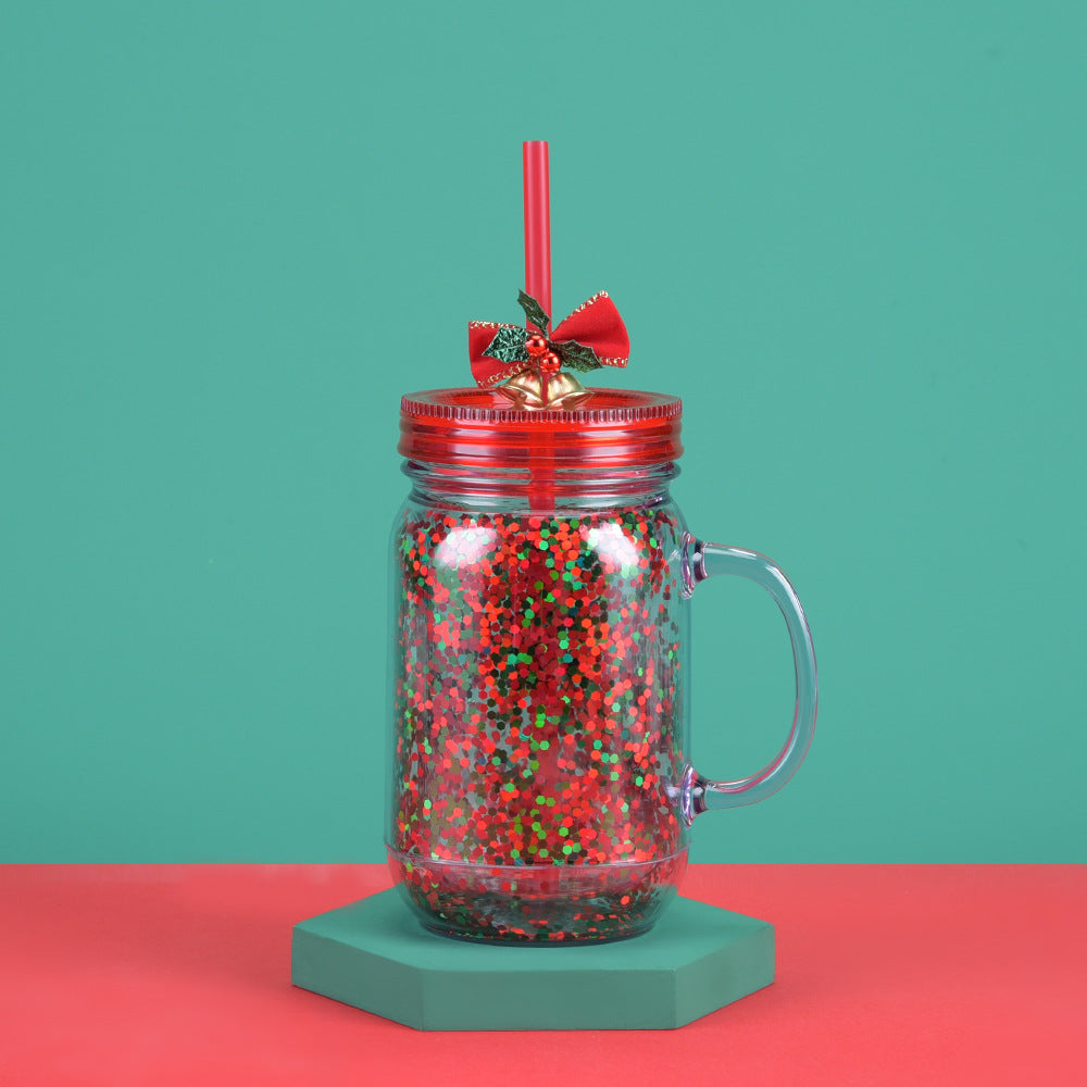 Wholesale  Glitter Plastic Canned Cup with Handle Double Layer Plastic Mason Cup